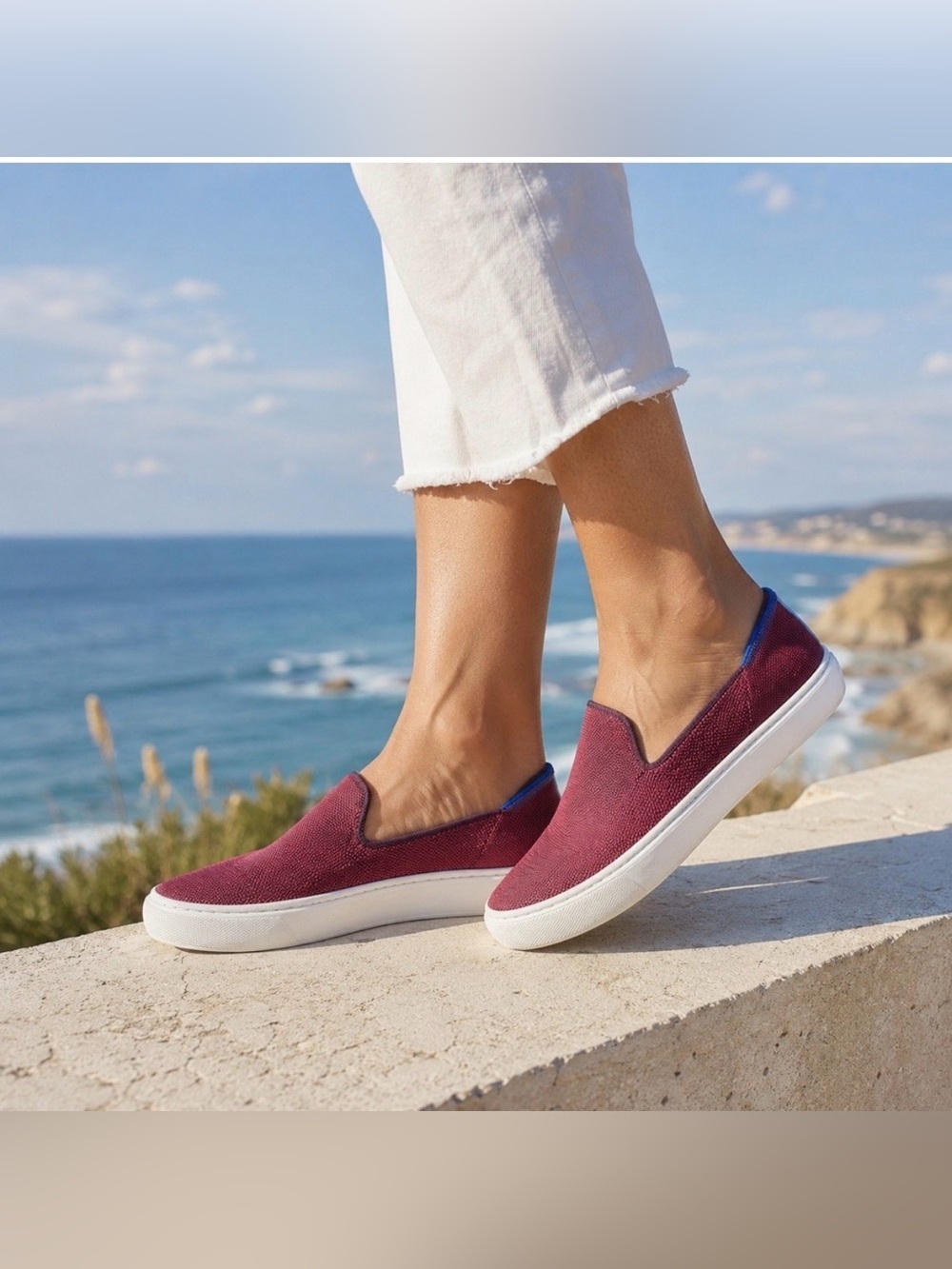 Rothy’s The Sneaker Retired Garnet Red Blue Heel Stripe Slip On Flat Size 6 Rare